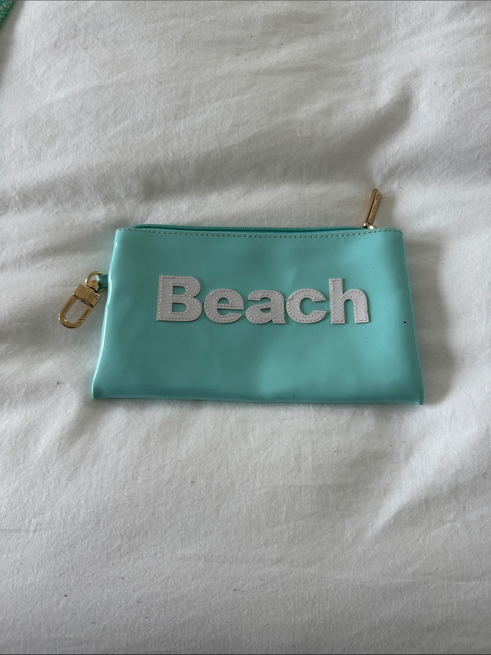 Turquoise 'Beach' Zip Cosmetic Pouch with Gold Hardware